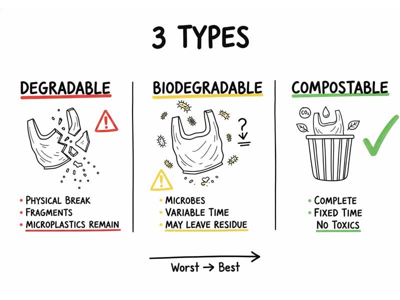 Degradable vs biodegradable vs compostable