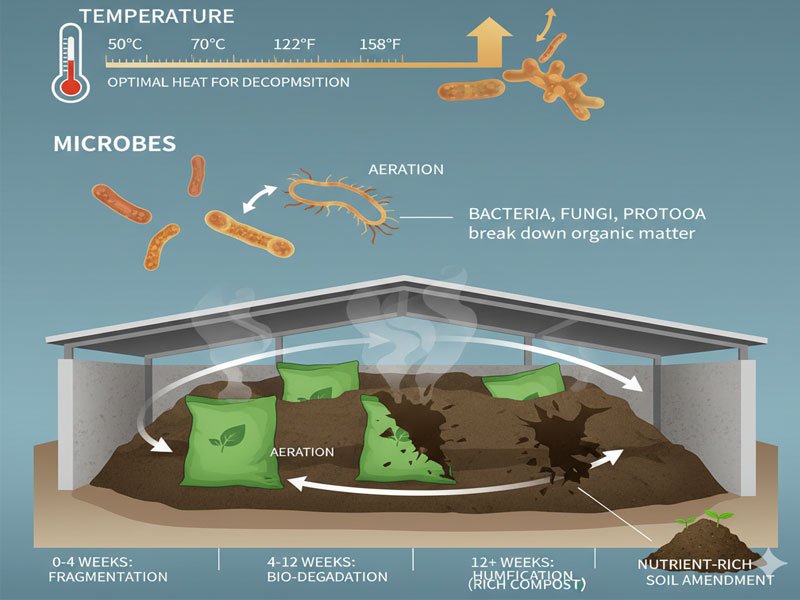 How compostable bags break down in industrial composting facilities under heat and microbial activity
