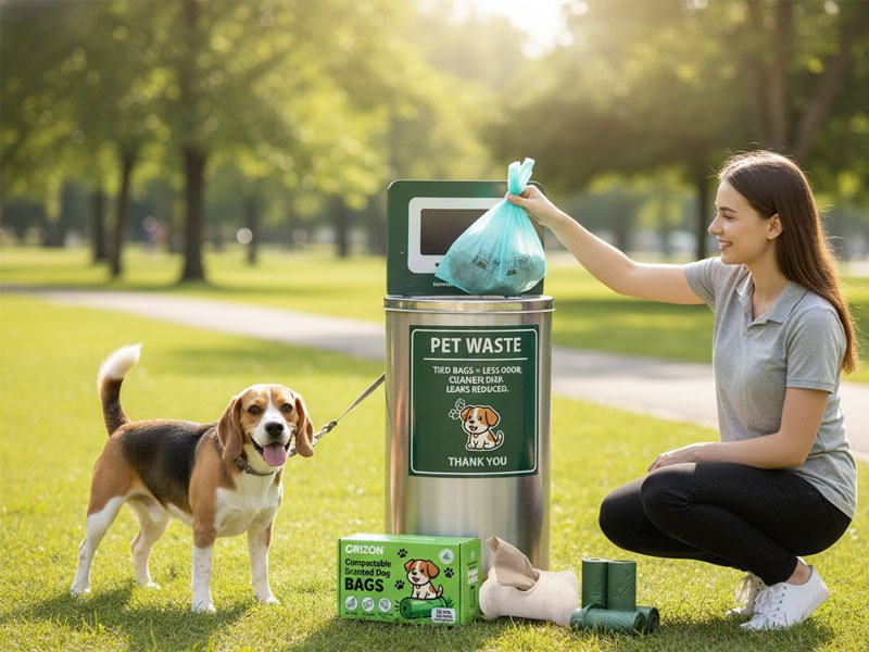 Tie-handle compostable dog waste bags produced for municipal and public use applications