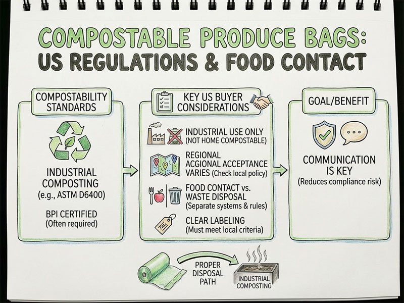 Compostable produce bags designed for industrial composting systems in the United States