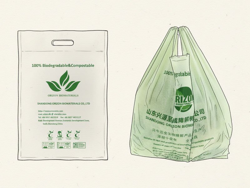 Different styles of compostable shopping bags