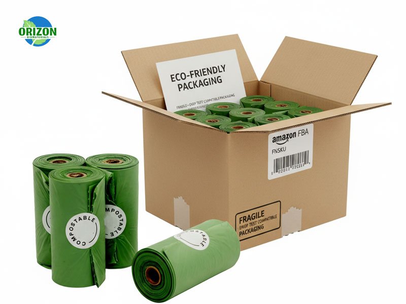 Compostable dog poop bags in eco-friendly packaging for Amazon FBA and cross-border e-commerce.