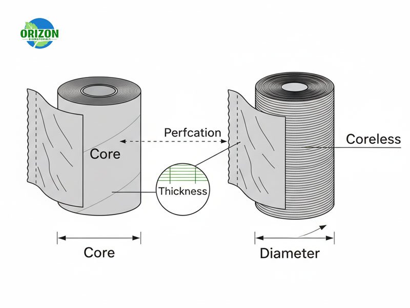 Technical diagram of compostable roll dog waste bag structure showing core option and perforation detail
