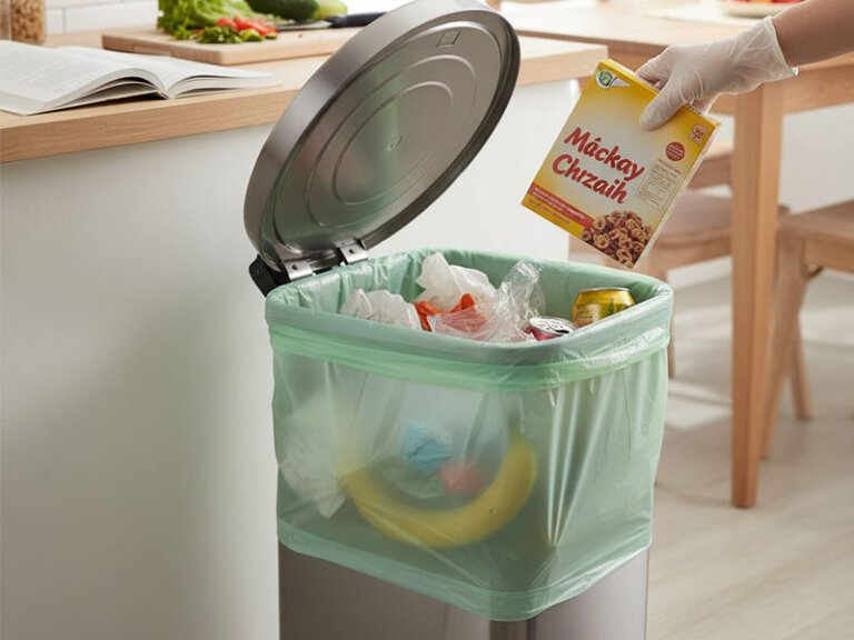 A green 13-gallon garbage bag filled with trash is placed inside a stainless steel kitchen trash can, against a modern kitchen countertop.