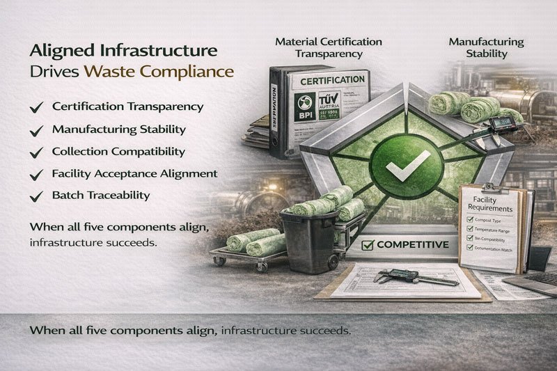 Infographic illustrating five key components of compostable infrastructure: certification transparency, manufacturing stability, collection compatibility, facility acceptance alignment, and batch traceability in regulated waste systems.