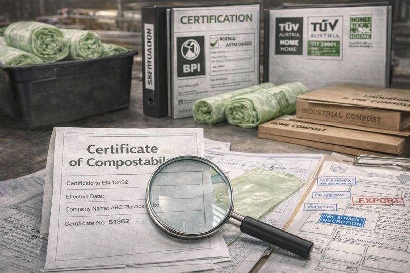 Procurement verification visual showing compostable certification scope, film thickness inspection, batch traceability records, and export documentation for regulated waste compliance.
