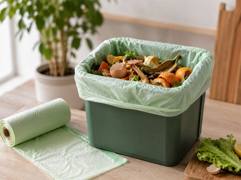 Compostable bags for Green Bin Edmonton food waste collection in a modern kitchen compost system