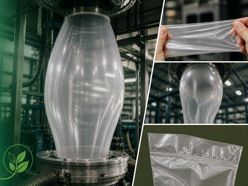 PHA film processing challenges in blown film extrusion showing instability, stretching issues and poor sealing in biodegradable plastic manufacturing