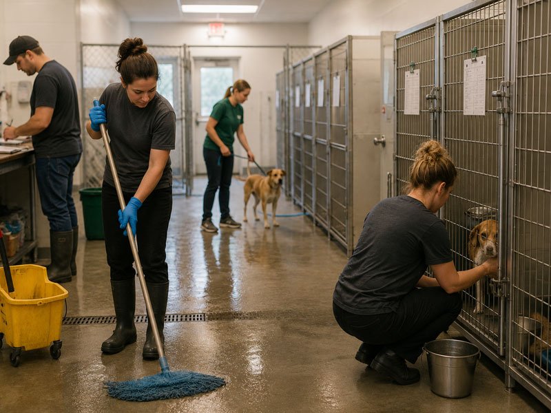 Animal shelter waste management integrated with daily kennel cleaning, animal care, and facility operations