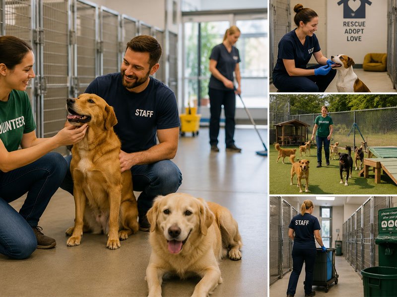 Animal shelter waste management operations with staff maintaining kennel sanitation and daily animal care activities