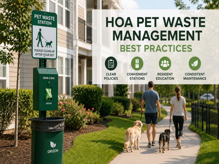 HOA pet waste station beside a residential walking path with residents walking their dogs