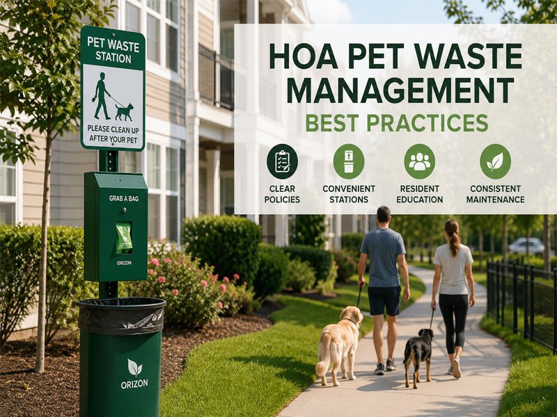 HOA pet waste station beside a residential walking path with residents walking their dogs