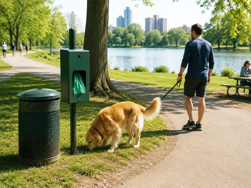 Public dog waste management program using dog waste stations along park trails and recreational corridors