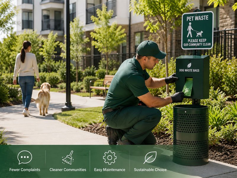 Residential pet waste management station installed in an apartment community with routine maintenance and dog-friendly shared spaces