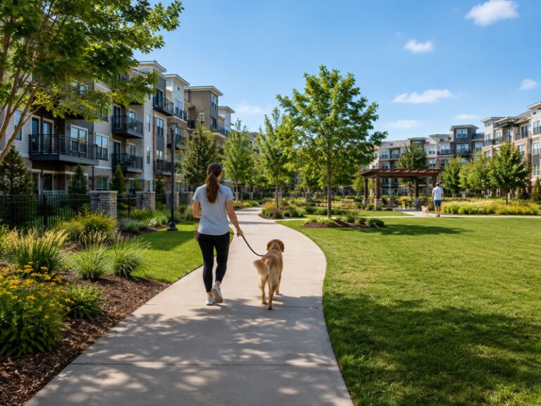 Apartment dog walking area in a modern residential community