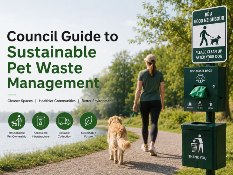 Council guide to sustainable pet waste management with a dog walker, park path and public dog waste station beside a lake.