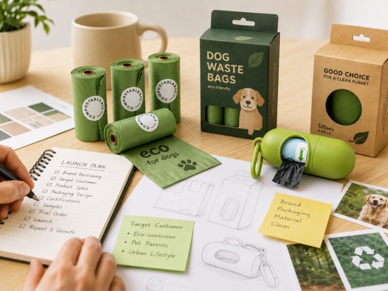 Dog waste bag brand launch plan with compostable bag rolls, dispenser, packaging samples and product checklist on a desk.