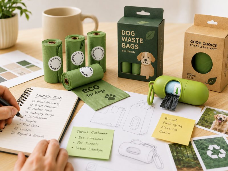 How to Launch Your Own Dog Waste Bag Brand 1 Dog waste bag brand launch plan with compostable bag rolls, dispenser, packaging samples and product checklist on a desk.
