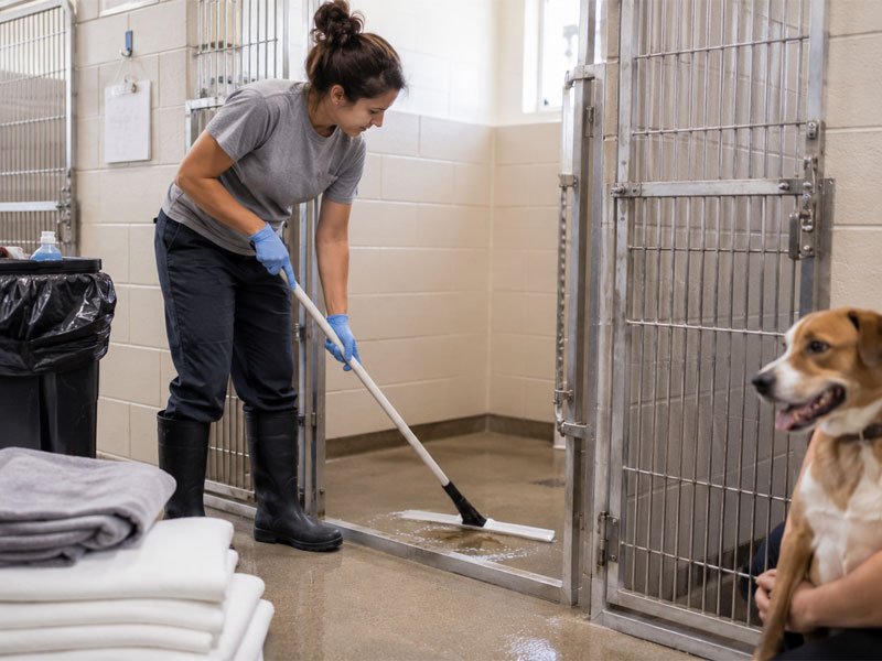Kennel Sanitation Procedures Explained 1 Kennel staff cleaning a dog kennel floor with sanitation supplies, clean towels and waste bin nearby.