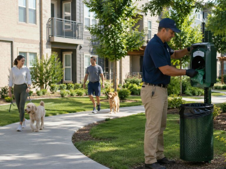Property maintenance staff servicing a dog waste station in an apartment complex
