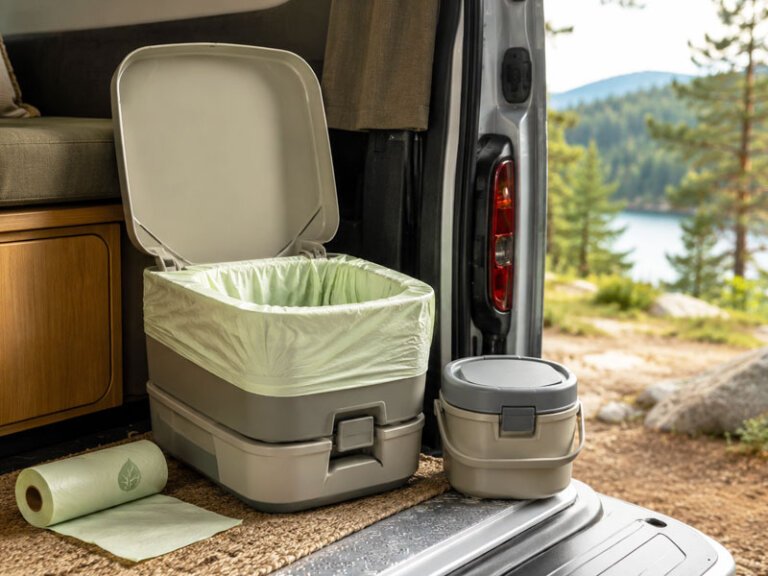 Portable toilet with compostable liner inside an RV camping setup, with spare toilet bag roll and storage container nearby.