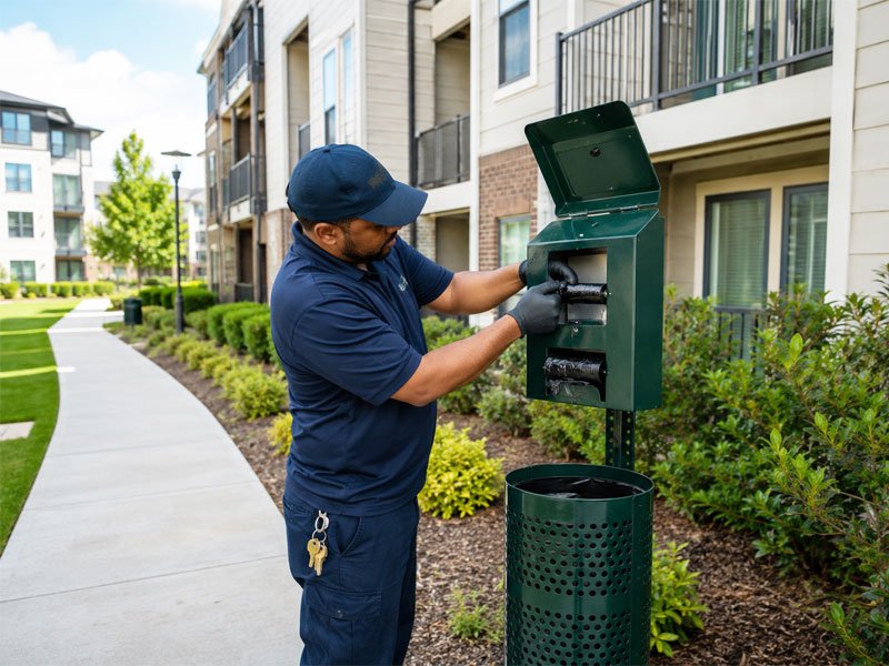 Property maintenance staff servicing a dog waste station in an apartment complex