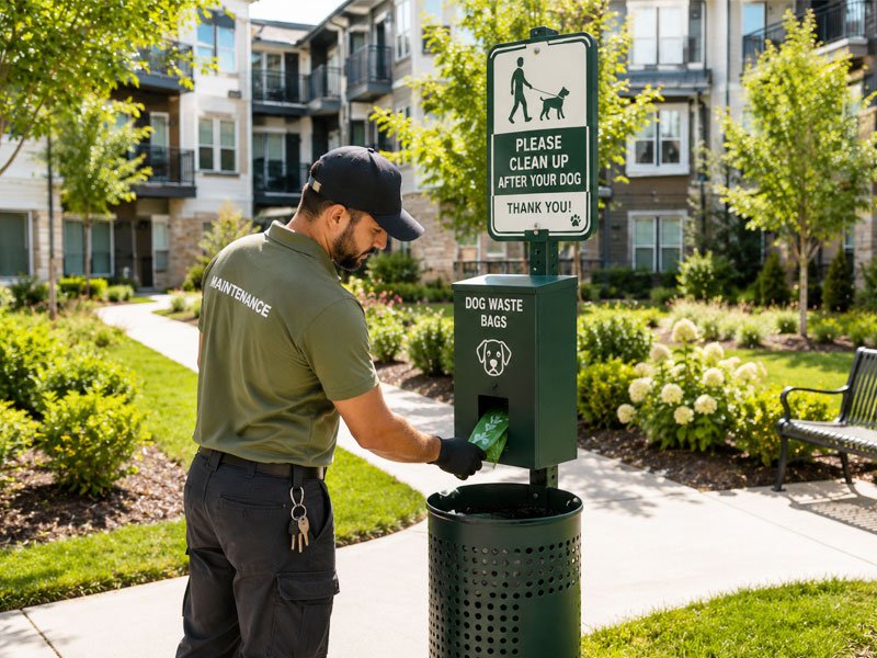 Property maintenance staff servicing a dog waste station in an apartment complex