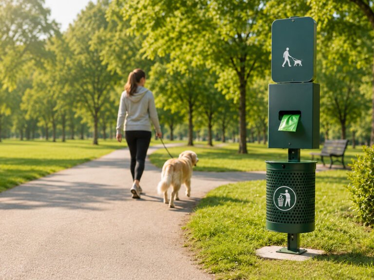 Public dog waste station beside a park walking path with a woman walking her dog.