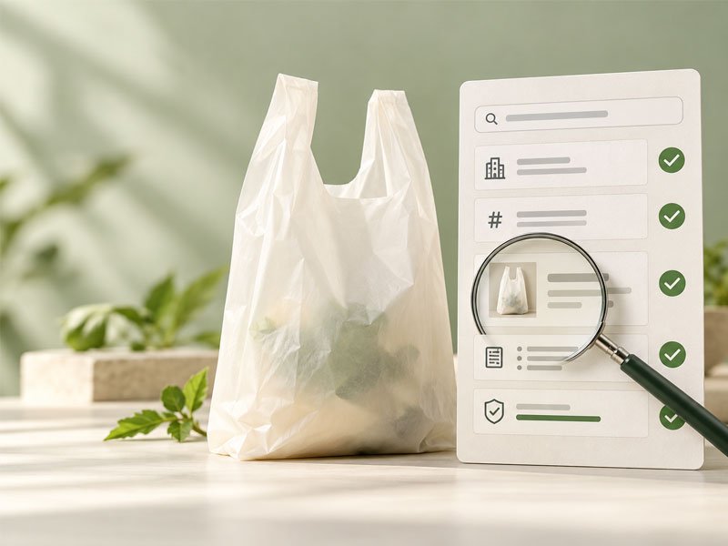 A compostable bag beside a product verification checklist, with a magnifying glass examining its catalog record.