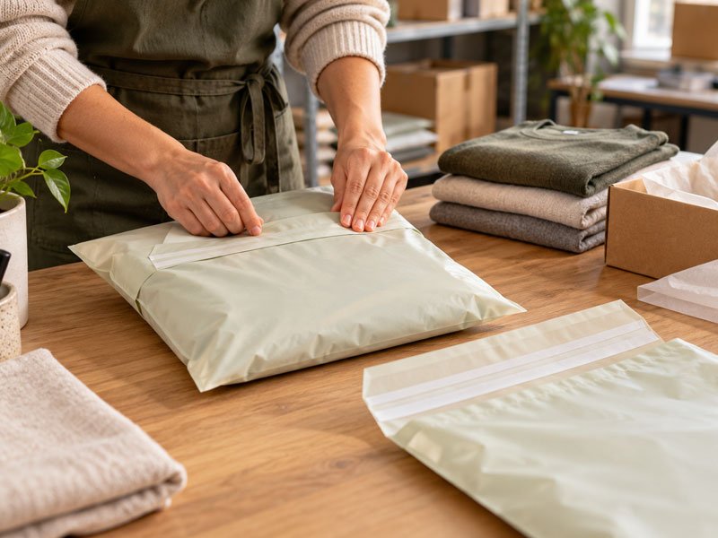 Compostable mailer adhesive seal being pressed during e-commerce packing