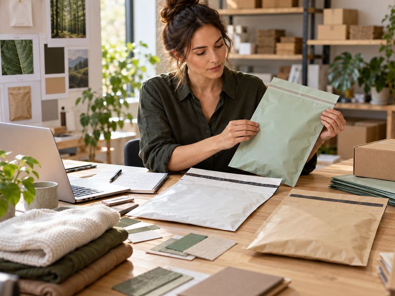 B2B buyer reviewing compostable mailer bag samples for sourcing